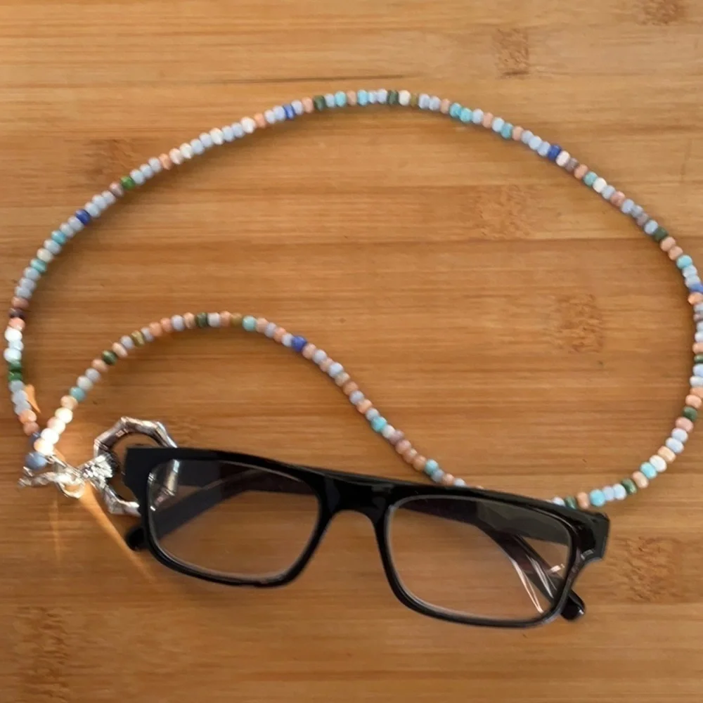 Hand Crafted Eyeglass Necklace Holder Gemstones Blue Beige Green Multi 26 inches
